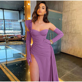 Solid Satin Asymmetric Slit Long Sleeve Dress